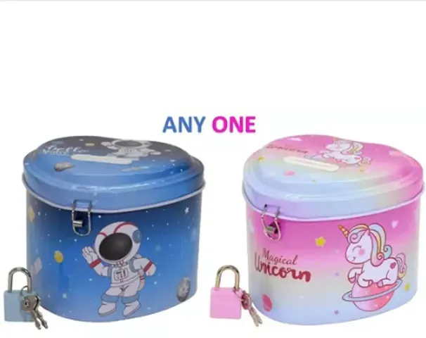 Mindfit Metal Unicorn or Space Theme Piggy Bank with Lock and Key, Cute Heart Shape Coin Saving Box for Kids, Money Saving Bank, Piggy Bank for Kids, Gift for Kids, Blueor Pink, 3 Years+ (Pack of 1)