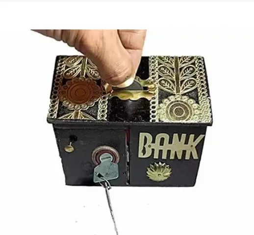 MINDFIT Handmade Wooden Piggy Bank | Wooden Money Box with Lock | Wooden Coin Box | Wooden Money Bank Coin Storage Bank for Kids and Adults, Black