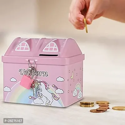 Pink Hut Shaped Coin Box Money Saving Box Tin  Coin Bank with Lock and Key With 1 Tissue-thumb3