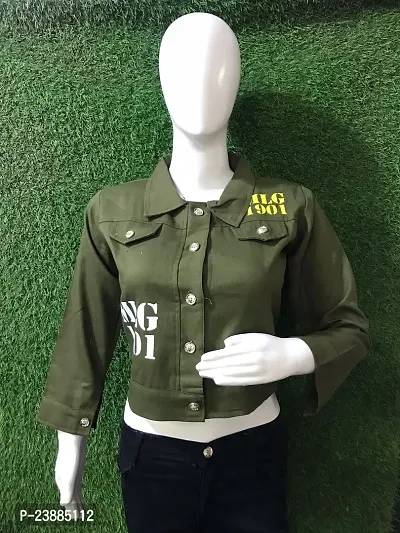 Stylish Green Denim Printed Button Denim Jacket For Women