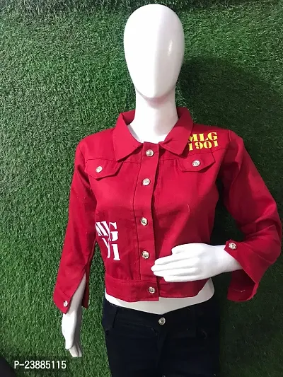 Stylish Red Denim Printed Button Denim Jacket For Women
