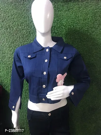 Stylish Blue Denim Printed Button Denim Jacket For Women