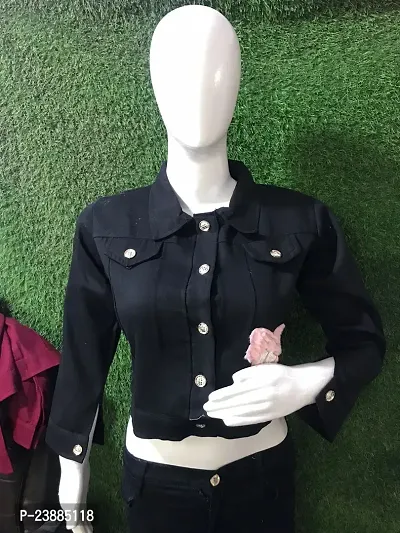 Stylish Black Denim Printed Button Denim Jacket For Women-thumb0