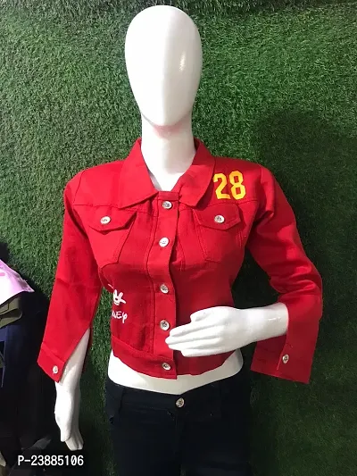 Stylish Red Denim Printed Button Denim Jacket For Women