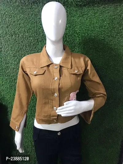 Stylish Brown Denim Printed Button Denim Jacket For Women
