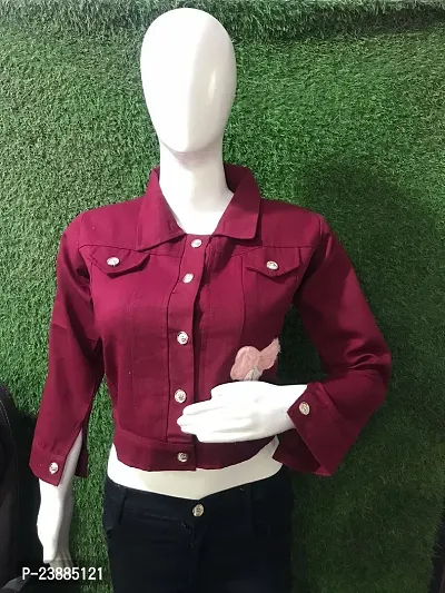Stylish Maroon Denim Printed Button Denim Jacket For Women