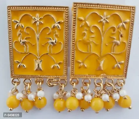 Be With Trend Designer Yellow Square Shape Meenakari Work Enamel Jhumki Studs Earrings-thumb0