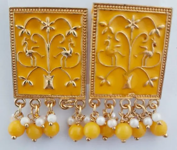 Be With Trend Designer Square Shape Meenakari Work Enamel Jhumki Studs Earrings