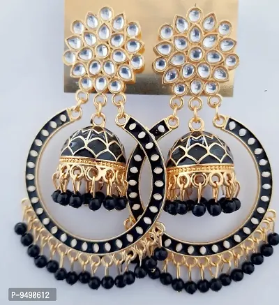 Be With Trend Gold Plated Kundan Studded Black Chandbali Jhumka Earing-thumb0
