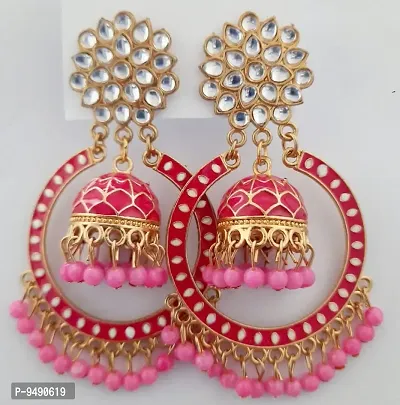 Be With Trend Gold Plated Kundan Studded Pink Chandbali Jhumka Earing