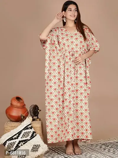 Printed cotton lounge wear kaftan,Short extended sleeves with waist drawstring tie up with V-Neck-thumb0