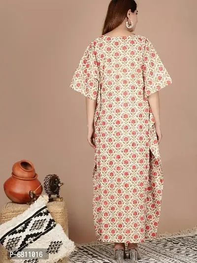 Printed cotton lounge wear kaftan,Short extended sleeves with waist drawstring tie up with V-Neck-thumb2