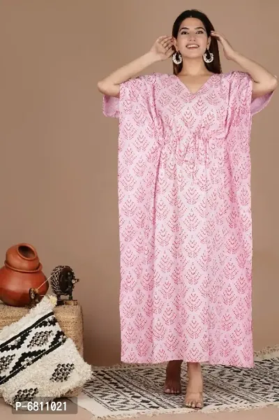 Printed cotton lounge wear kaftan,Short extended sleeves with waist drawstring tie up with V-Neck