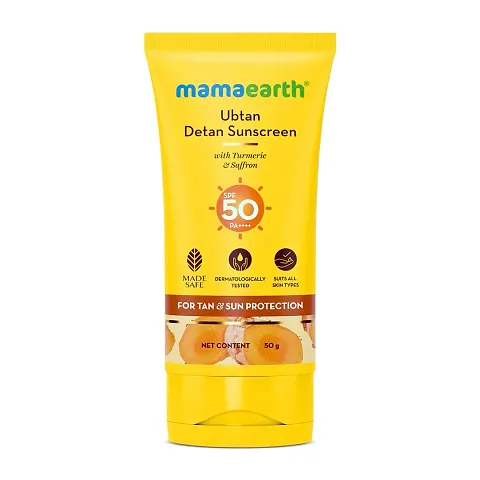 Mamaearth Ubtan Detan Sunscreen With Turmeric  Saffron For Sun Protection - 50 g | SPF 50  PA++++ Protection | Removes Tan | Brightens Skin |