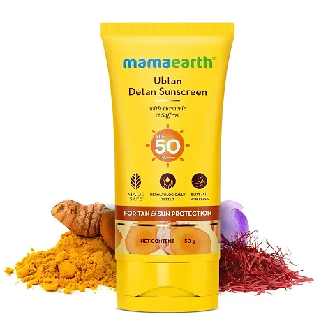 Mamaearth Ubtan Detan Sunscreen With Turmeric  Saffron - 50 g | SPF 50  PA++++ For UVA/B Protection | Removes Tan | Brightens Skin | Non-Greasy  Lightweight | No White Cast | For All Skin Types