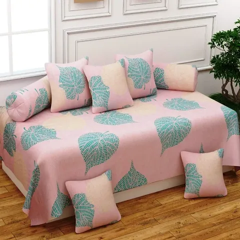 HOMYBEES Microfiber Unique Floral 250TC Diwan Set of 8pcs - Single Bedsheet with 2 Bolster Covers and 5 Cushion Leafs 60x90 inches