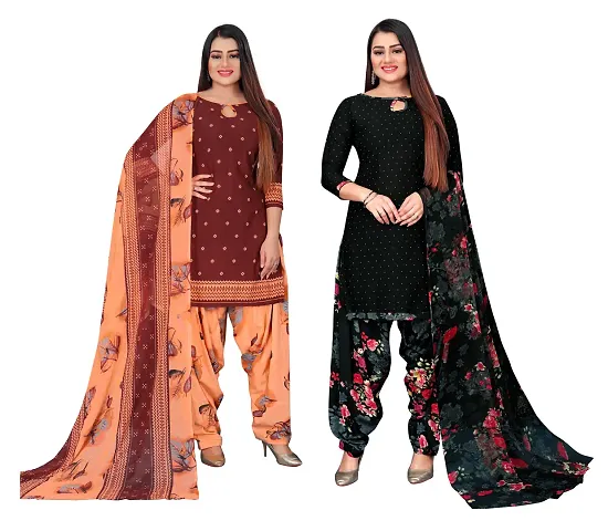Stylish Multicoloured Crepe Self Design Dress Material with Dupatta - Pack Of 2