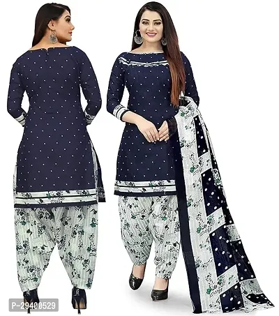 Elegant Navy Blue Cotton Printed Dress Material with Dupatta For Women