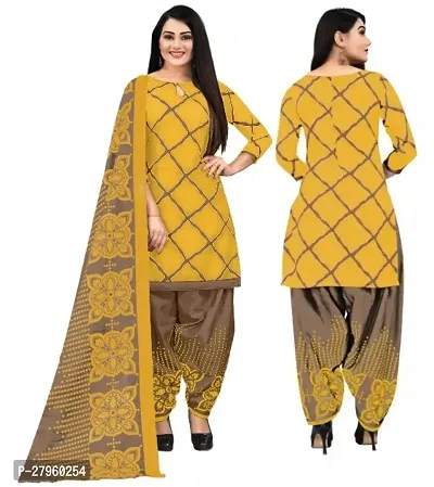 Elegant Yellow Cotton Printed Dress Material with Dupatta For Women