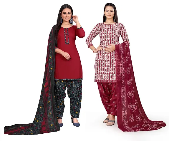 Elegant Crepe Floral Print Dress Material With Dupatta For Women, Pack Of 2