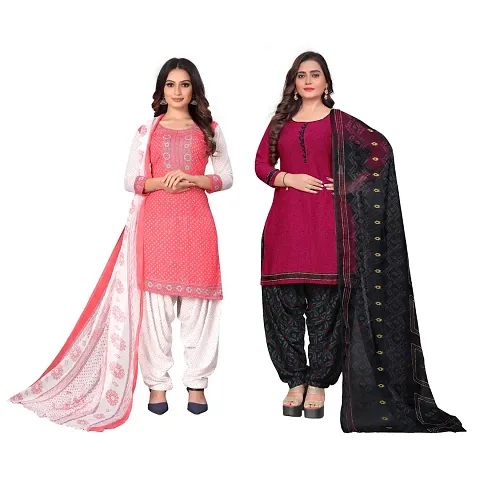 Stylish Multicoloured Crepe Self Design Dress Material with Dupatta Set - Pack Of 2