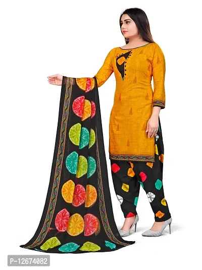 Elegant Yellow Cotton Printed Dress Material with Dupatta For Women-thumb3