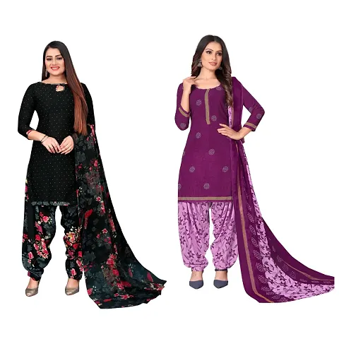 Stylish Multicoloured Crepe Self Design Dress Material with Dupatta Set - Pack Of 2
