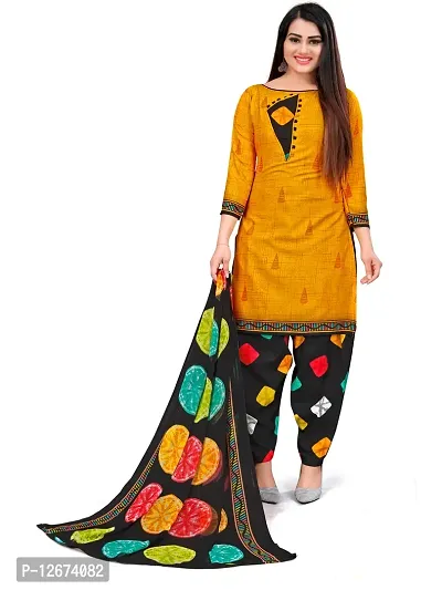 Elegant Yellow Cotton Printed Dress Material with Dupatta For Women-thumb0