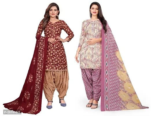 Elegant Multicoloured Cotton Floral Print Dress Material with Dupatta For Women Combo Of 2-thumb0