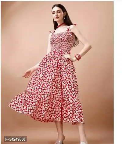 Stylish Red Crepe Printed Fit And Flare Dress For Women-thumb0