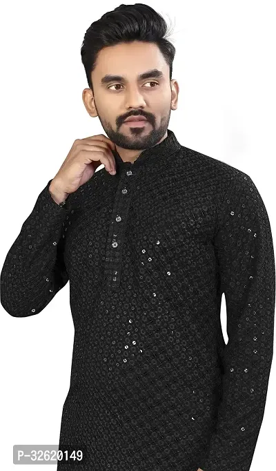 KriKan Men Chikan Embroidery A-line Kurta Black-thumb0