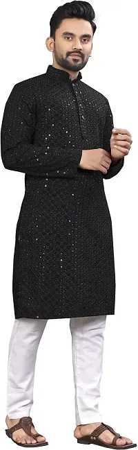 KriKan Men Chikan Embroidery A-line Kurta Black-thumb4