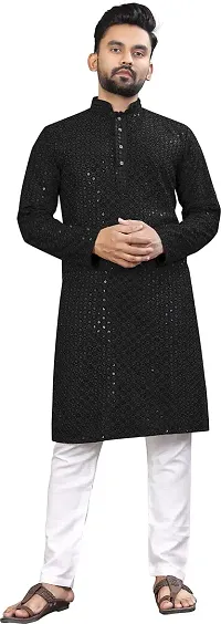 KriKan Men Chikan Embroidery A-line Kurta Black-thumb2