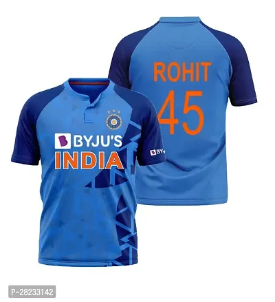 Stylish Blue Polycotton India Team World Cup Rohit Sharma Jersey T-Shirt For Men-thumb0