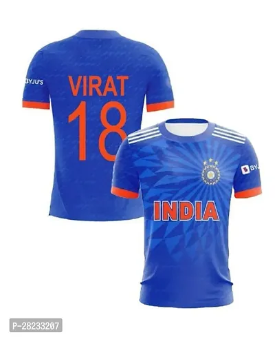 Stylish Blue Polycotton New Ind T20 Back Name Virat 18 Jersey T-Shirt For Men-thumb0