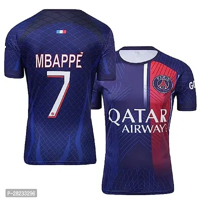 Stylish Blue Polycotton Sports Soccer Paris Home Stadium Shirt 2023-24 Mbappeacute; 7 Printing Football Jersey T-Shirt For Men-thumb0