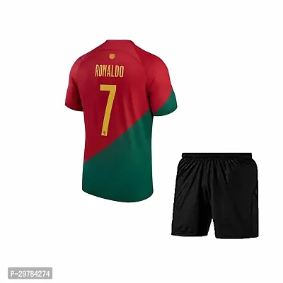 Stylish Red Polyester Portugal Home Football Jersey With Black Shorts Pack Of 2-thumb0