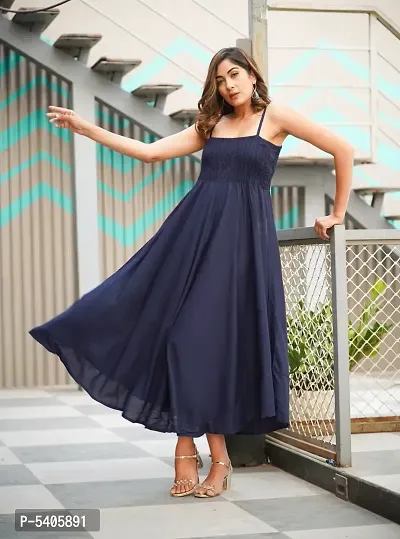 Navy Rayon A-Line Bobbin Maxi Dress For Women