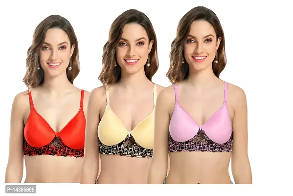 In Beauty Girls/Women's Padded and Net Stylish Bra Pack of 3 Multicolor Size 30 to 40