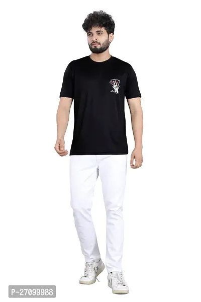 Comfortable Black Polyester Blend Round Neck T-shirt For Men