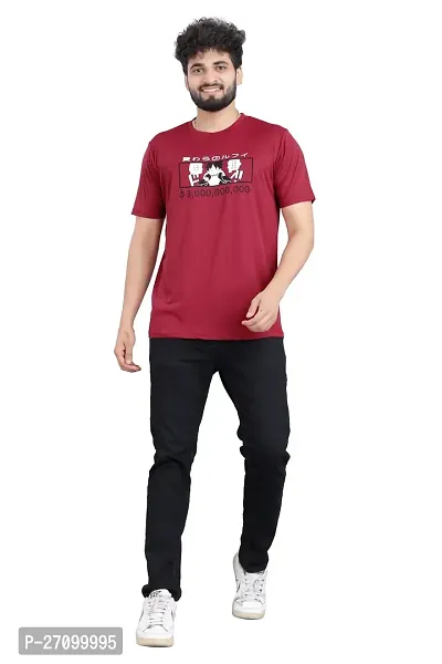 Comfortable Maroon Polyester Blend Round Neck T-shirt For Men