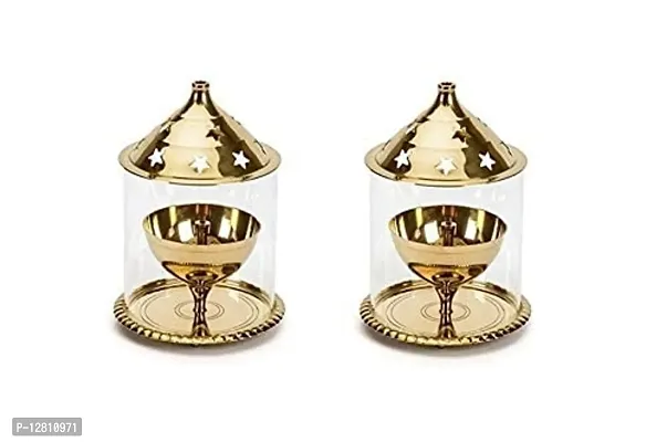 Brass Akhand Diya with Borosilicate Glass Cover Set (Height: 4.8 inch) - Pack of 2, Gold, Medium-thumb0