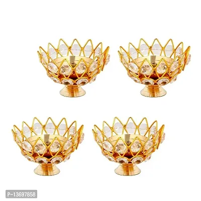 Diwali Diya Crystal Round Akhand Diya for Puja Brass Small Kamal Deep Jyoti Oil Lamp for Home Temple Pooja Decor Gifts Pack of 4-thumb0