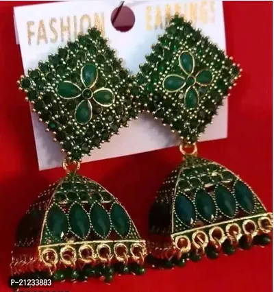 Traditional Alloy Green Jhumkas Earrings For Women