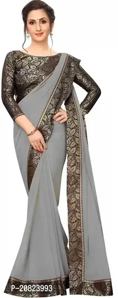 Stylish Georgette Grey Solid Saree with Blouse piece