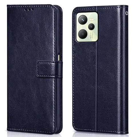 Cloudza Realme C35 Flip Back Cover | PU Leather Flip Cover Wallet Case with TPU Silicone Case Back Cover for Realme C35 Blue
