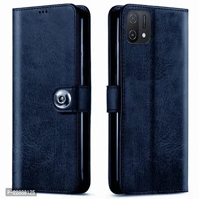 COVERNEW Genuine Matte Leather Finish Flip Cover for Oppo CPH2421   A16E   Inside TPU  Inbuilt Stand   Wallet Style Back Cover Case   Stylish Button Magnetic Closure - Navy Blue