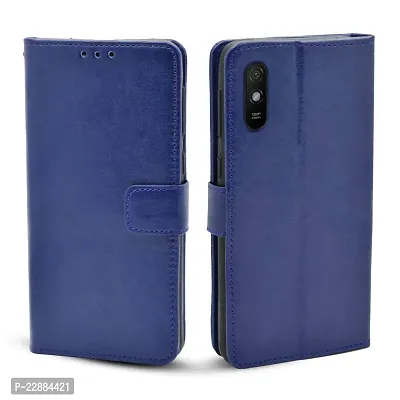 COVERNEW Leather Finish Inside TPU Wallet Stand Magnetic Closure Flip Cover for Mi Redmi 9A - Navy Blue-thumb0