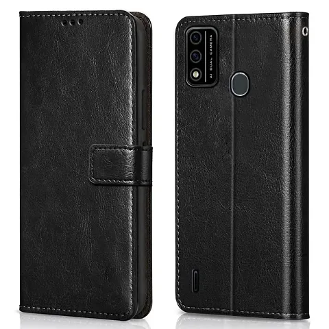 Cloudza Itel A48 Flip Back Cover | PU Leather Flip Cover Wallet Case with TPU Silicone Case Back Cover for Itel A48 Bk