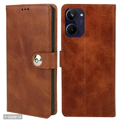 COVERNEW Leather Finish Flip Cover for Realme RMX3630   Realme_10   Inside Back TPU  Stand   Wallet Button Magnetic Closure for Realme 10 4G - Brown